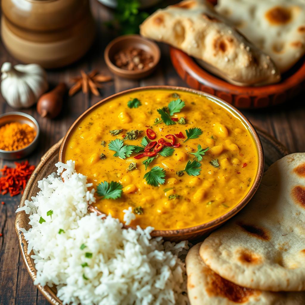 A delicious bowl of Dal Tadka, featuring vibrant yellow lentils cooked to perfection, topped with vibrant green coriander and a sprinkle of bright red chili flakes