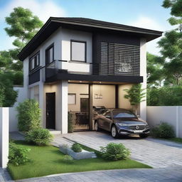 Generate a cozy, black house with a 6x6 meter floor area, divided between a garage and a functional space including a kitchen, living room, and bathroom. Include a second floor of equal size housing two bedrooms, attached to a spacious balcony.