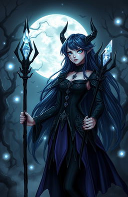 A dark magical girl standing in an eerie moonlit forest