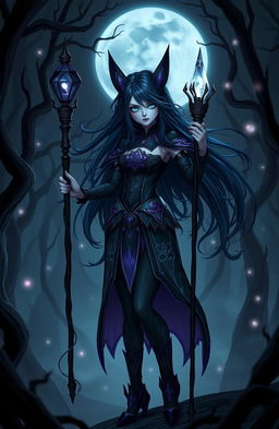 A dark magical girl standing in an eerie moonlit forest