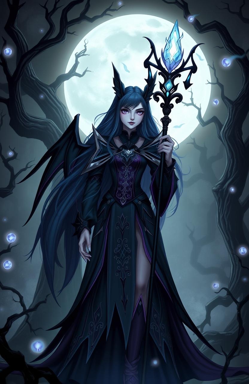 A dark magical girl standing in an eerie moonlit forest
