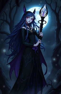 A dark magical girl standing in an eerie moonlit forest