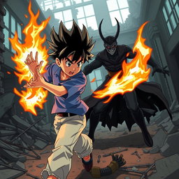 An anime boy with spiky black hair wearing a blue shirt and light blue pants is showcasing his fire powers in a dynamic battle against a menacing villain in a ruined building