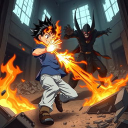 An anime boy with spiky black hair wearing a blue shirt and light blue pants is showcasing his fire powers in a dynamic battle against a menacing villain in a ruined building