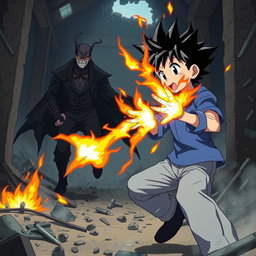 An anime boy with spiky black hair wearing a blue shirt and light blue pants is showcasing his fire powers in a dynamic battle against a menacing villain in a ruined building