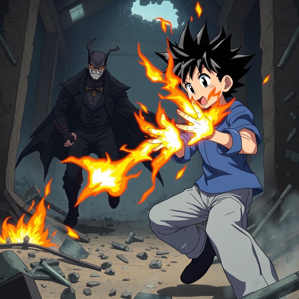 An anime boy with spiky black hair wearing a blue shirt and light blue pants is showcasing his fire powers in a dynamic battle against a menacing villain in a ruined building