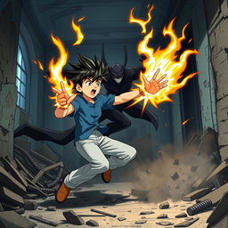 An anime boy with spiky black hair wearing a blue shirt and light blue pants is showcasing his fire powers in a dynamic battle against a menacing villain in a ruined building