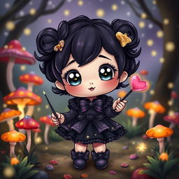 A small and cute dark magical girl with a playful demeanor, standing in a whimsical enchanted forest filled with sparkling fireflies