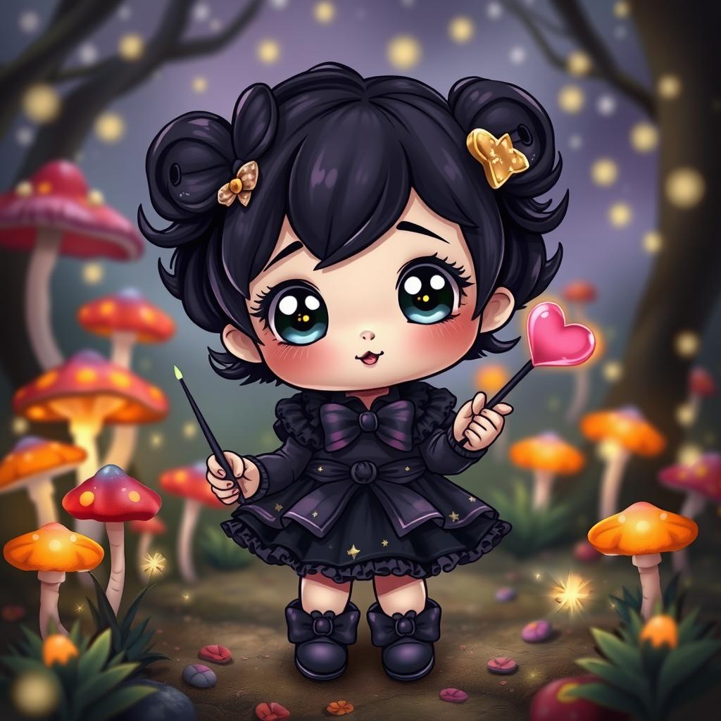 A small and cute dark magical girl with a playful demeanor, standing in a whimsical enchanted forest filled with sparkling fireflies