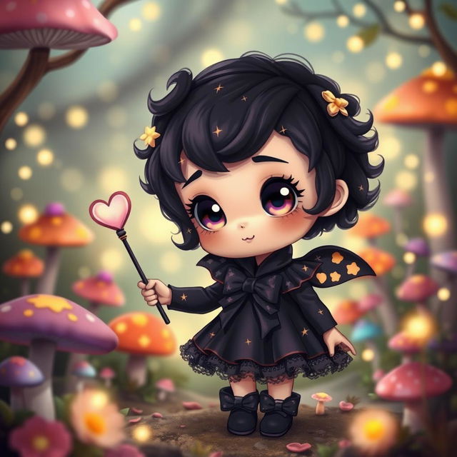 A small and cute dark magical girl with a playful demeanor, standing in a whimsical enchanted forest filled with sparkling fireflies