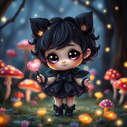 A small and cute dark magical girl with a playful demeanor, standing in a whimsical enchanted forest filled with sparkling fireflies