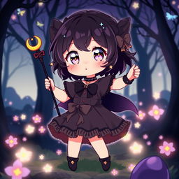 A small and cute dark magical girl in an anime style, standing heroically in a mystical landscape