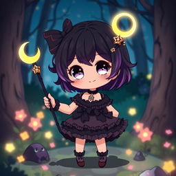 A small and cute dark magical girl in an anime style, standing heroically in a mystical landscape