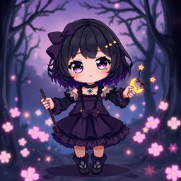A small and cute dark magical girl in an anime style, standing heroically in a mystical landscape