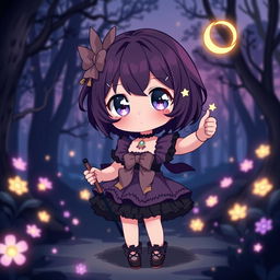 A small and cute dark magical girl in an anime style, standing heroically in a mystical landscape
