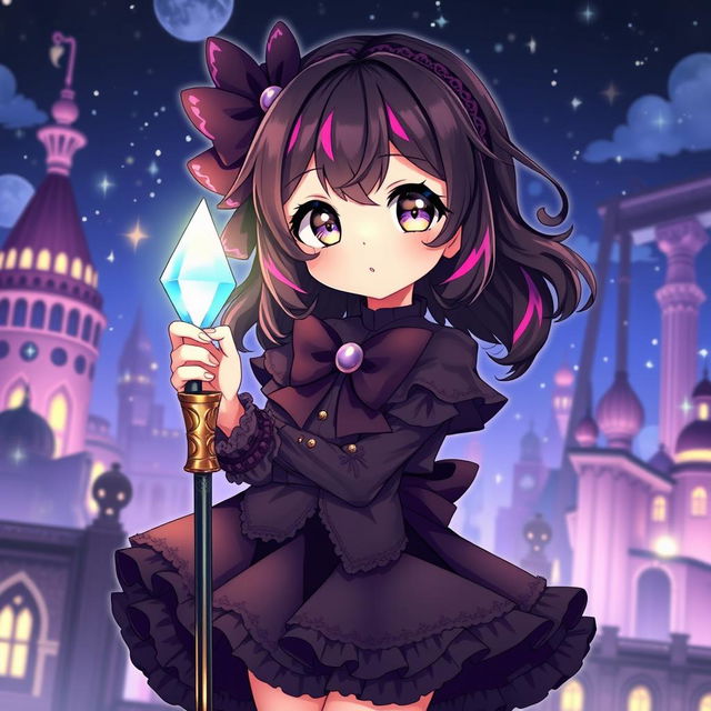 A teen and cute dark magical girl in an anime style, radiating charm and mystery