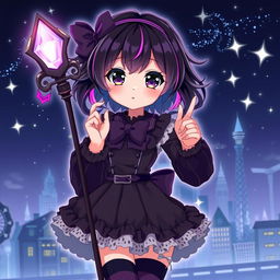 A teen and cute dark magical girl in an anime style, radiating charm and mystery