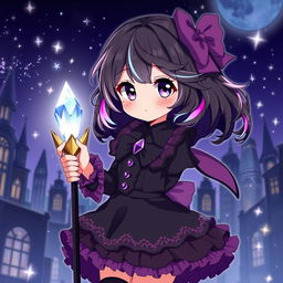 A teen and cute dark magical girl in an anime style, radiating charm and mystery