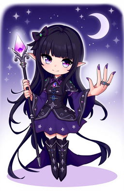 A cute dark magical girl character with long flowing black hair, striking purple eyes, and a mischievous smile