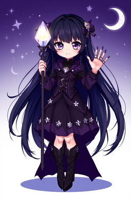 A cute dark magical girl character with long flowing black hair, striking purple eyes, and a mischievous smile