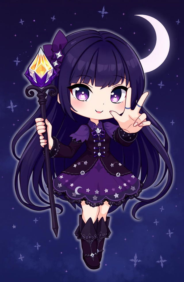 A cute dark magical girl character with long flowing black hair, striking purple eyes, and a mischievous smile