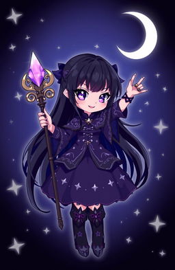 A cute dark magical girl character with long flowing black hair, striking purple eyes, and a mischievous smile
