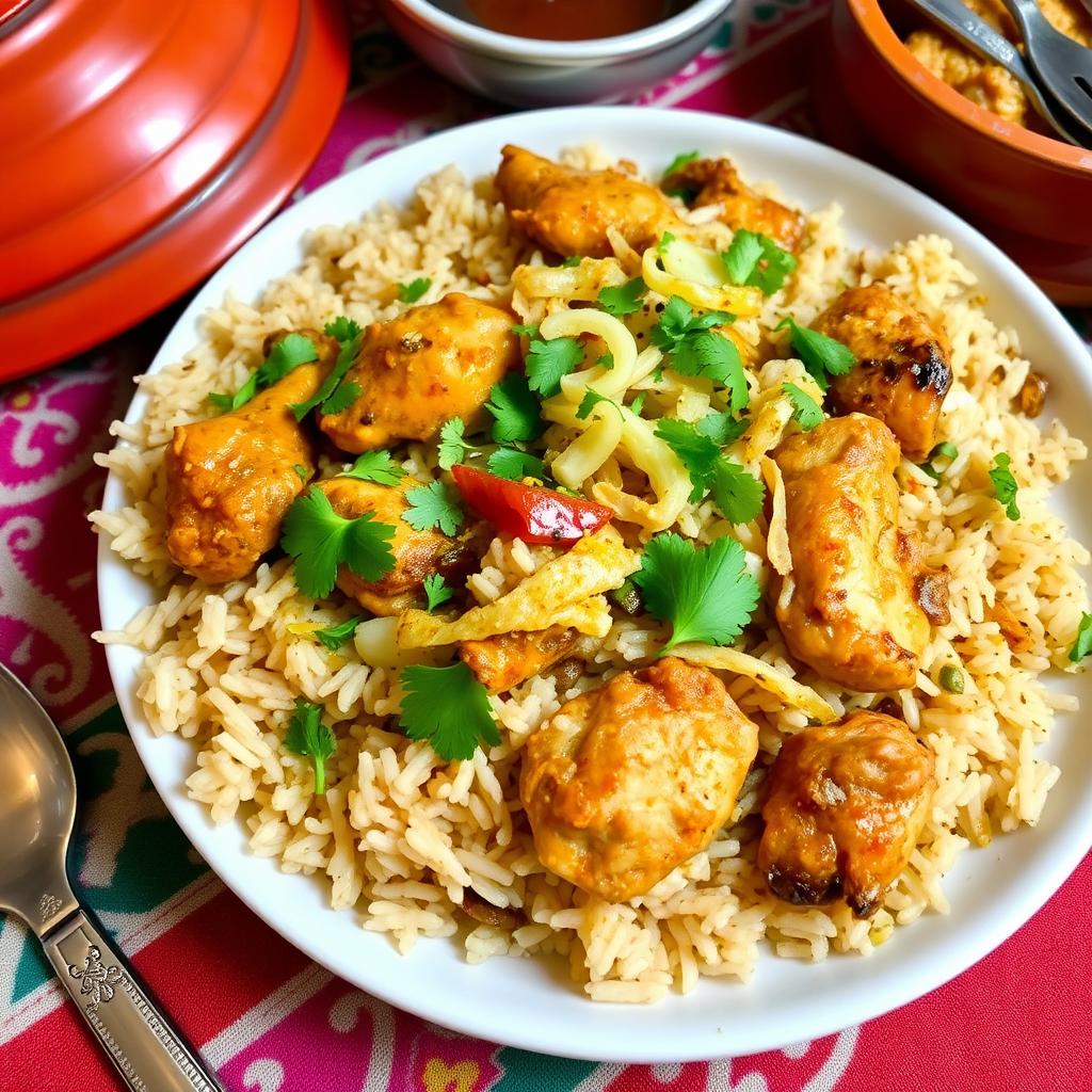 A delicious plate of chicken biryani made with brown rice, featuring tender pieces of chicken marinated in rich spices, aromatic saffron, and a blend of herbs