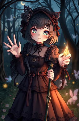 A teenage girl with a shy and cute demeanor, dressed in a dark magical girl outfit that incorporates gothic elements