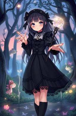 A teenage girl with a shy and cute demeanor, dressed in a dark magical girl outfit that incorporates gothic elements