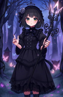 A teenage girl with a shy and cute demeanor, dressed in a dark magical girl outfit that incorporates gothic elements