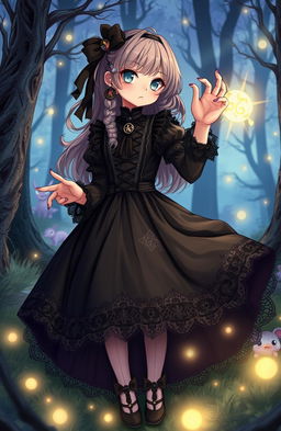 A teenage girl with a shy and cute demeanor, dressed in a dark magical girl outfit that incorporates gothic elements