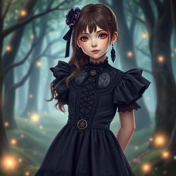 A teenage girl with a cute and shy expression, dressed in a dark magical girl outfit that features enchanting gothic elements