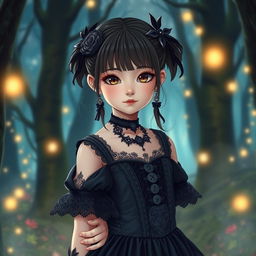 A teenage girl with a cute and shy expression, dressed in a dark magical girl outfit that features enchanting gothic elements