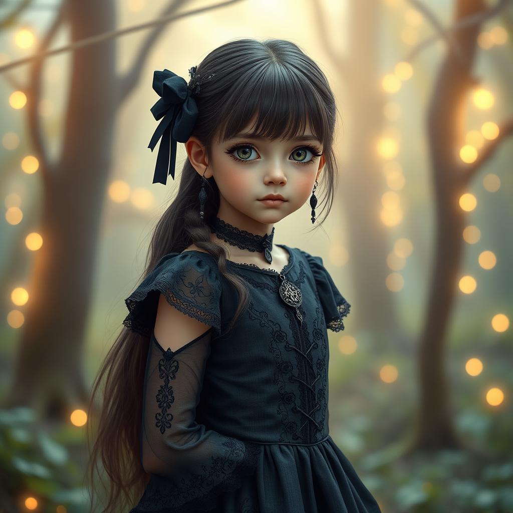 A teenage girl with a cute and shy expression, dressed in a dark magical girl outfit that features enchanting gothic elements