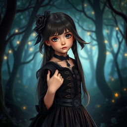 A teenage girl with a cute and shy expression, dressed in a dark magical girl outfit that features enchanting gothic elements