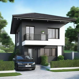 Generate a cozy, black house with a 6x6 meter floor area, divided between a garage and a functional space including a kitchen, living room, and bathroom. Include a second floor of equal size housing two bedrooms, attached to a spacious balcony.