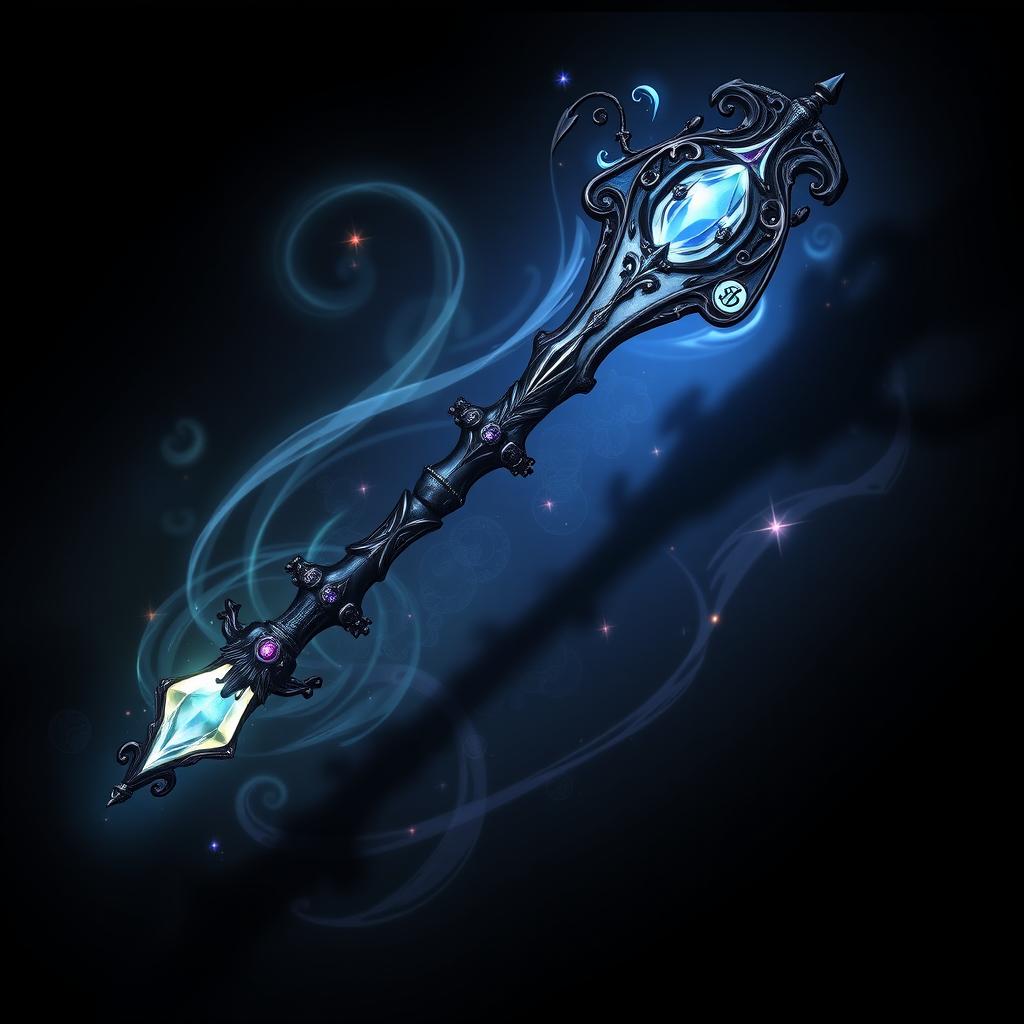 A beautifully designed wand belonging to a dark magical girl, featuring intricate gothic details and mystical symbols