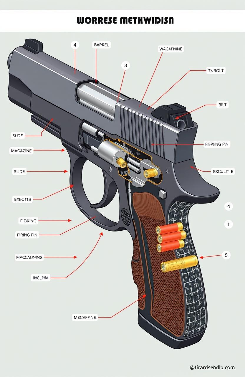 A detailed illustration showcasing the working mechanism of firearms, including labeled parts like barrel, trigger, magazine, slide, firing pin, and bolt