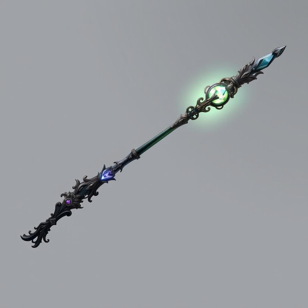 A stunning horizontal wand belonging to a dark magical girl from anime, showcasing intricate gothic designs and mystical details