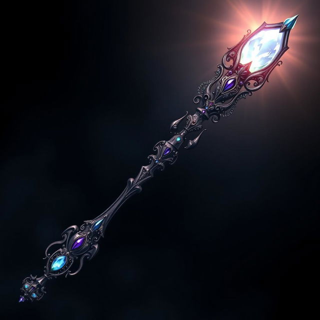 A stunning horizontal wand belonging to a dark magical girl from anime, showcasing intricate gothic designs and mystical details