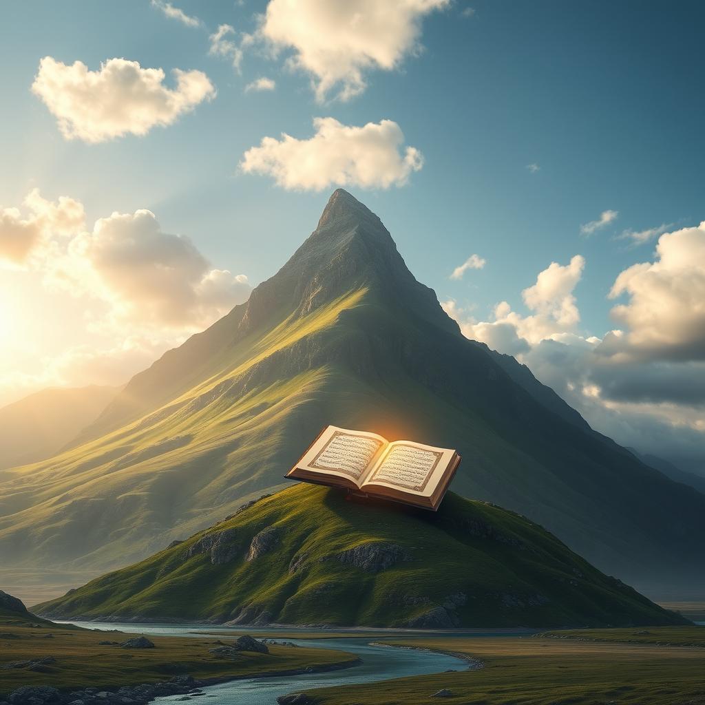 A picturesque scene depicting a majestic mountain with the Quran resting gently on its peak, glowing softly under a serene sky filled with fluffy clouds