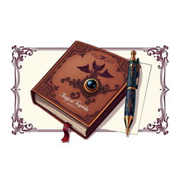 A beautifully illustrated horizontal arrangement featuring a book, an ornate pen, and border paper inspired by dark magical girl anime