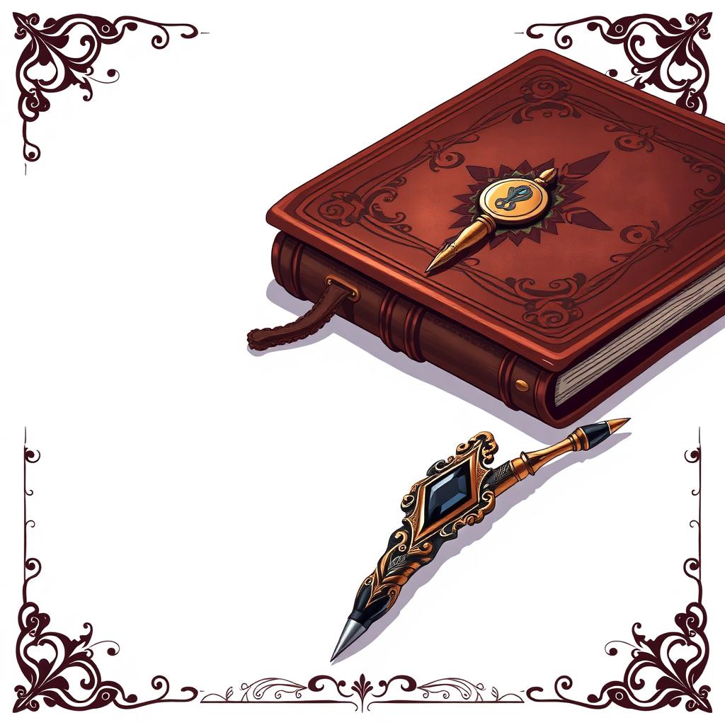 A beautifully illustrated horizontal arrangement featuring a book, an ornate pen, and border paper inspired by dark magical girl anime