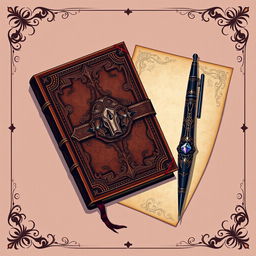 A beautifully illustrated horizontal arrangement featuring a book, an ornate pen, and border paper inspired by dark magical girl anime