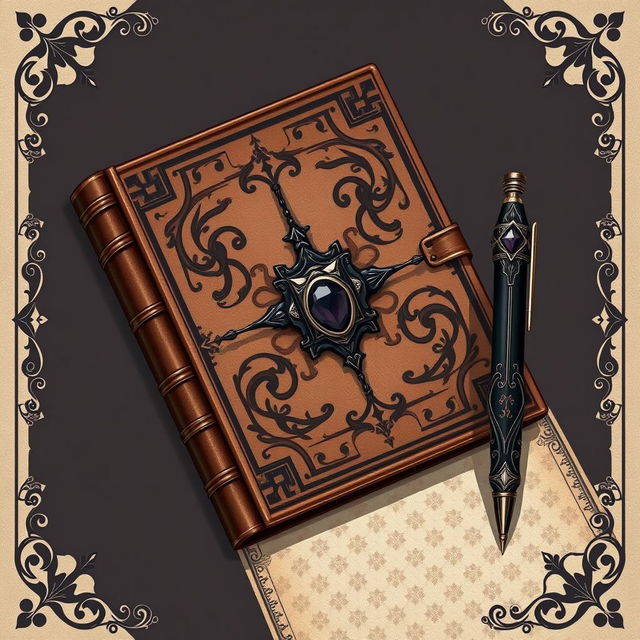 A beautifully illustrated horizontal arrangement featuring a book, an ornate pen, and border paper inspired by dark magical girl anime