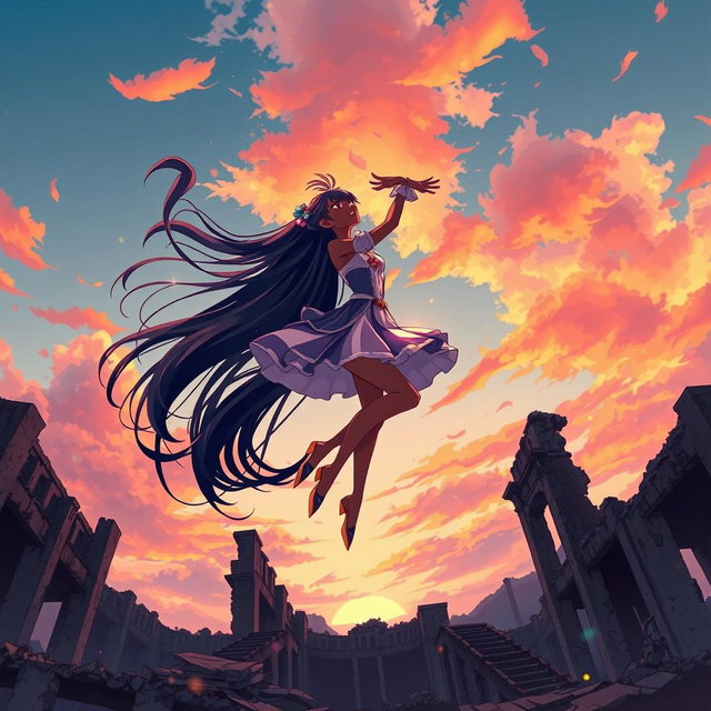 An anime black girl dancing gracefully in the sky, her long, flowing hair billowing in the wind