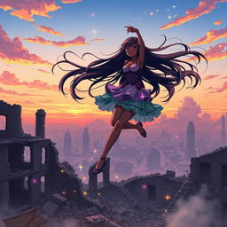 An anime black girl dancing gracefully in the sky, her long, flowing hair billowing in the wind