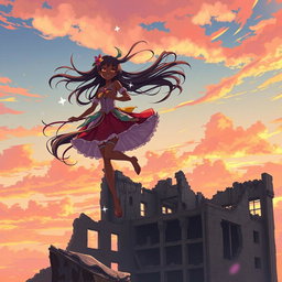 An anime black girl dancing gracefully in the sky, her long, flowing hair billowing in the wind