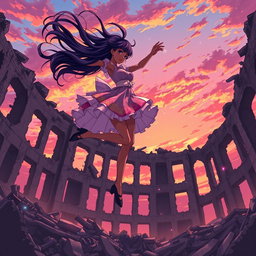 An anime black girl dancing gracefully in the sky, her long, flowing hair billowing in the wind