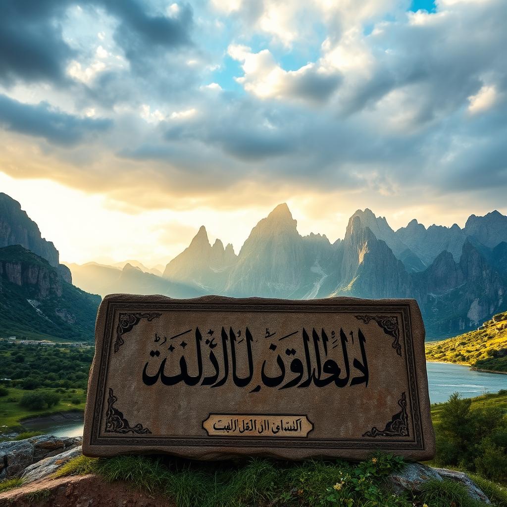 A majestic mountain landscape with ancient, towering peaks and a dramatic sky